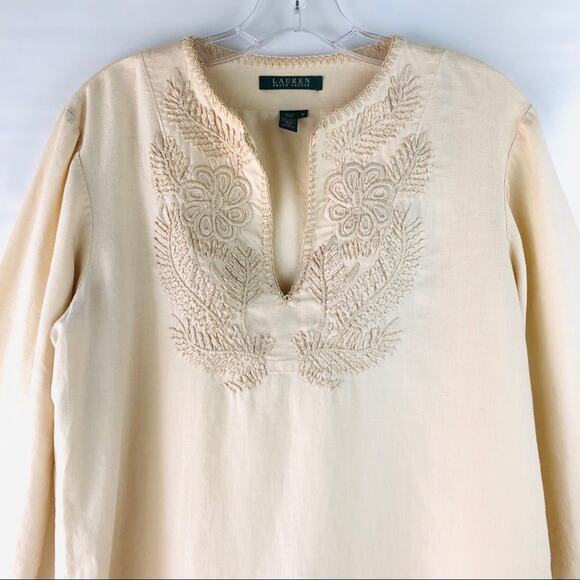 Ralph Lauren cream linen floral embroidered boho coastal tunic top medium - Picture 2 of 7